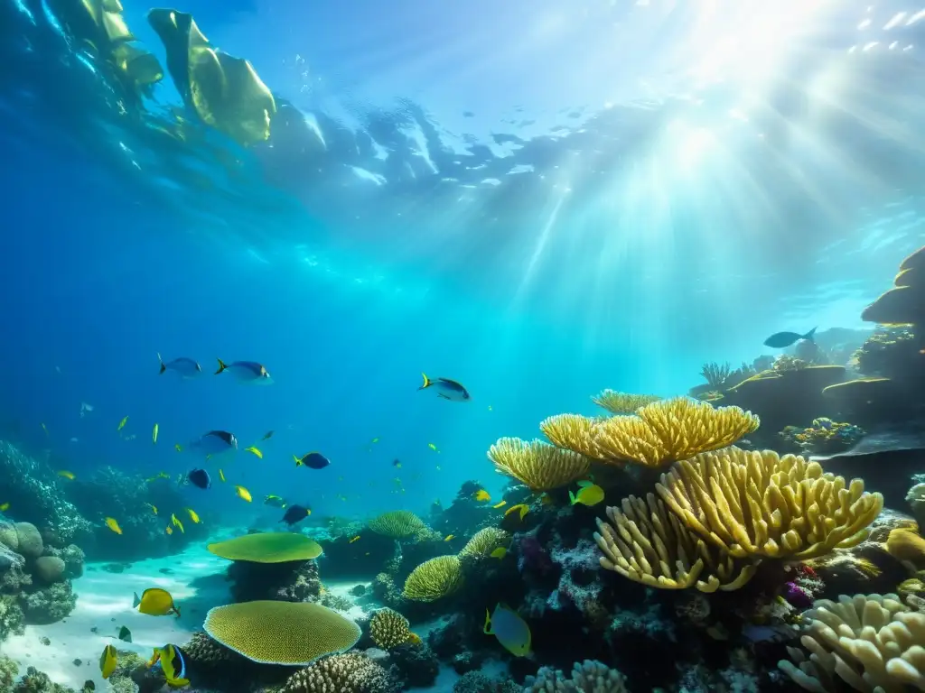 Imagen de un vibrante arrecife de coral submarino, lleno de vida marina y dappled con luz solar, evocando tranquilidad y vitalidad