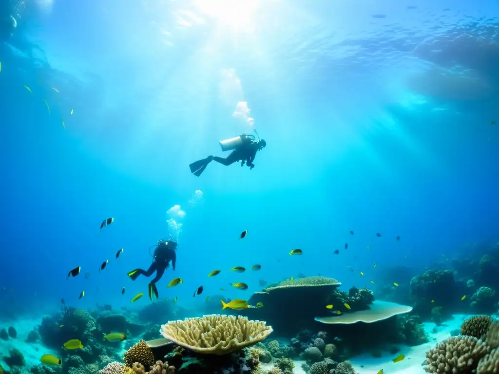 Imagen de un vibrante arrecife de coral lleno de vida marina y practicando buceo sostenible, respetando el hábitat natural