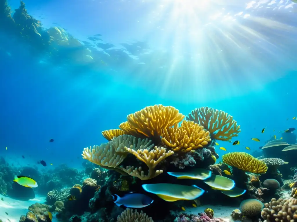 Imagen de un vibrante arrecife de coral bajo el agua, repleto de peces coloridos y bañado por la luz del sol