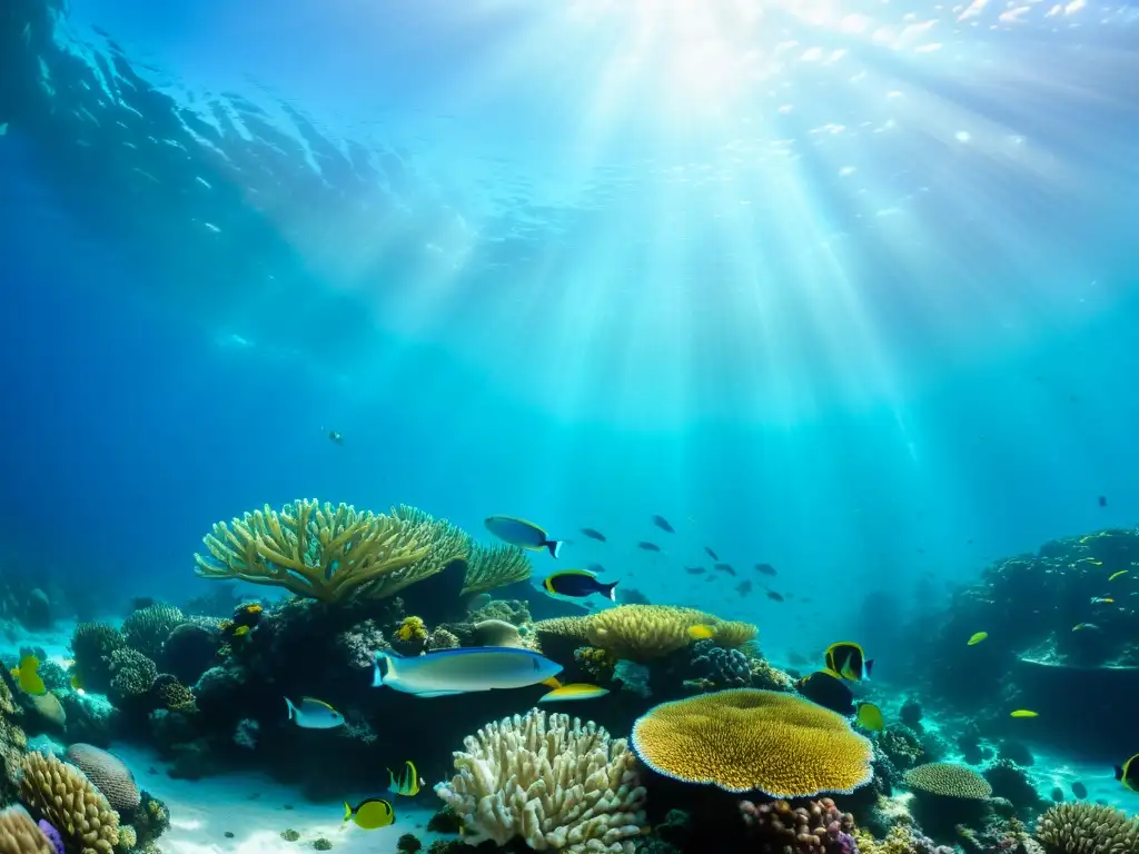 Imagen de un vibrante arrecife de coral con diversidad marina, evocando el impacto del voluntariado en el monitoreo costero