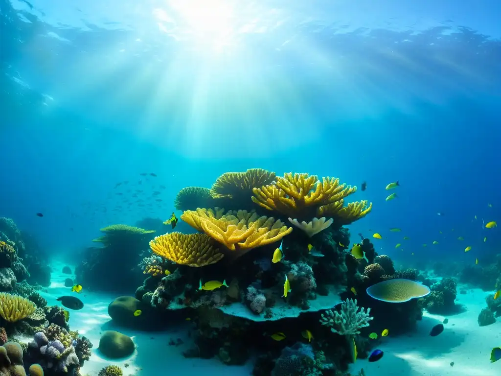 Imagen de un vibrante arrecife de coral con peces coloridos y vida marina, iluminado por el cálido sol bajo el agua