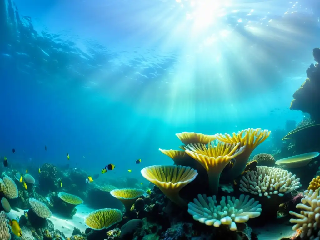 Imagen de un vibrante arrecife de coral con vida marina diversa, en resorts ecológicos de buceo sostenible