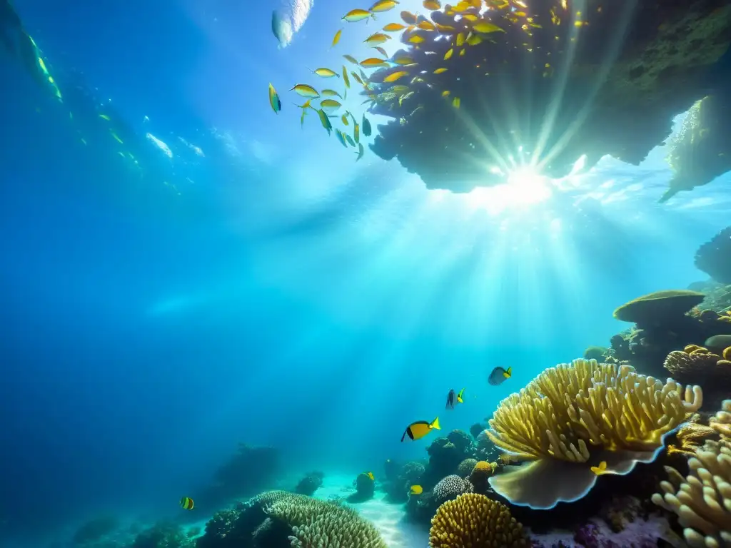 Imagen de un vibrante arrecife de coral en el mar, iluminado por la luz del sol