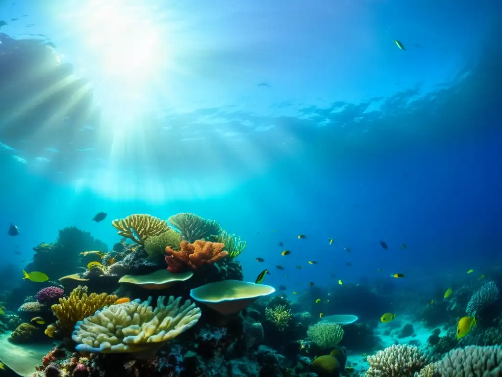 Imagen de un vibrante arrecife de coral marino, con diversidad de especies y colores, promoviendo la ciencia ciudadana en santuarios marinos