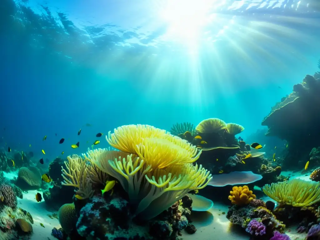 Imagen de un vibrante arrecife de coral, mostrando relaciones saludables entre fauna y flora marina en un ecosistema submarino lleno de vida y color