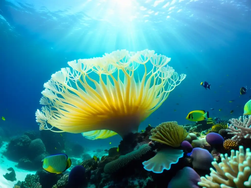 Imagen de un vibrante arrecife de coral, teñido de colores y vida marina, iluminado por la luz del sol