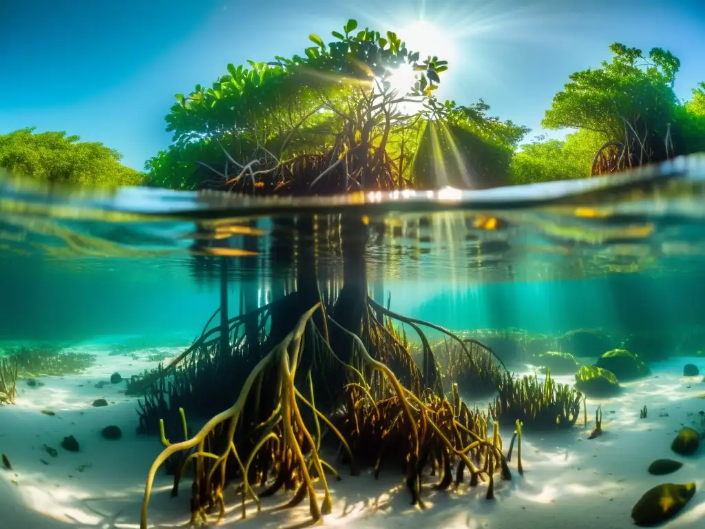 La imagen muestra un vibrante bosque de manglares bajo el agua, con vida marina colorida y raíces intrincadas