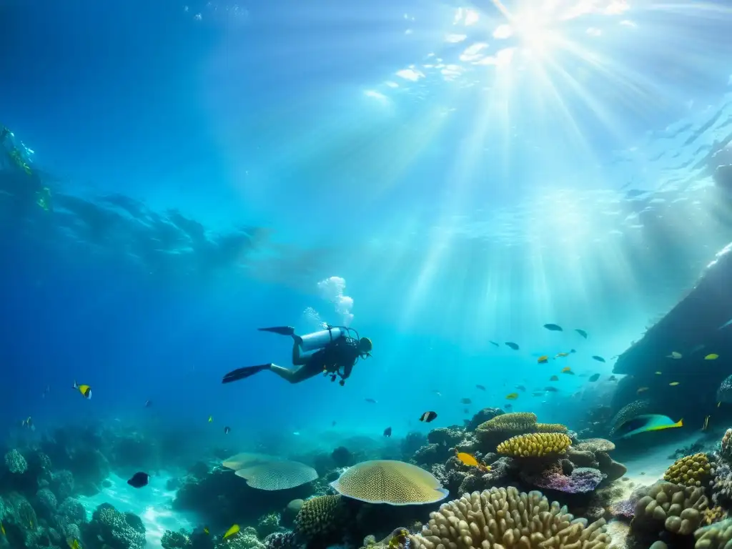 Imagen de un vibrante e bullicioso arrecife de coral, con vida marina en un ambiente tranquilo y hermoso