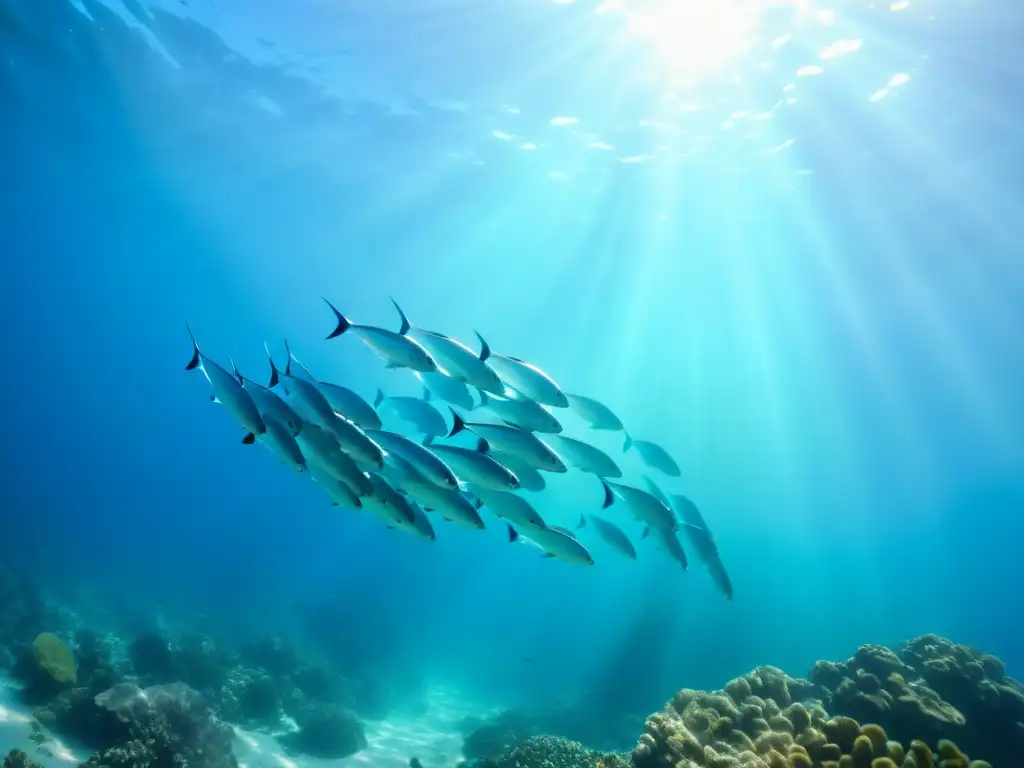 Imagen de un vibrante cardumen de peces plateados nadando en aguas cristalinas, reflejando la vitalidad de los ecosistemas marinos ricos en omega 3