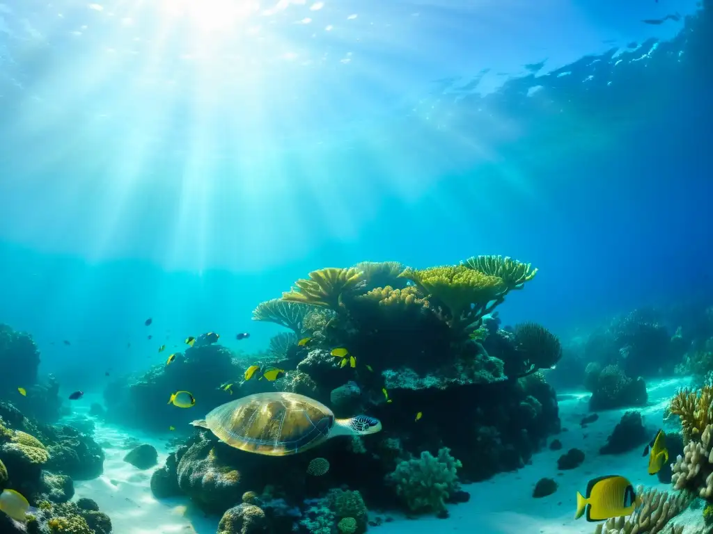 Imagen de un vibrante y diverso arrecife de coral, destacando la importancia del turismo marino ético sostenible en un ecosistema marino saludable