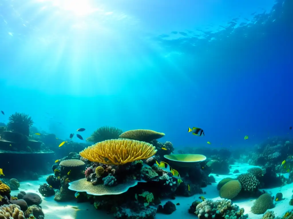 Imagen de un vibrante y diverso arrecife de coral bajo el agua, muestra la importancia de preservar los océanos y sus ecosistemas