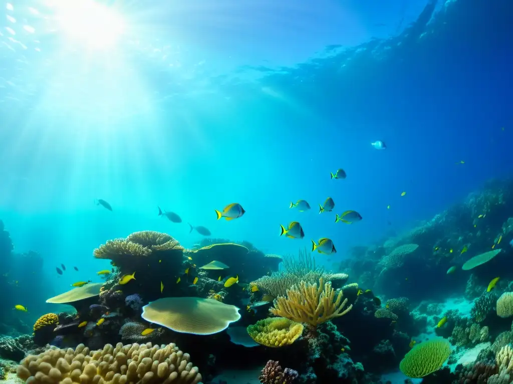 Imagen de un vibrante ecosistema de arrecifes de coral bajo el agua, con peces coloridos y la luz del sol filtrándose