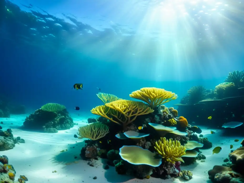 Imagen de un vibrante ecosistema marino, con corales, plantas marinas y peces bajo la luz del sol