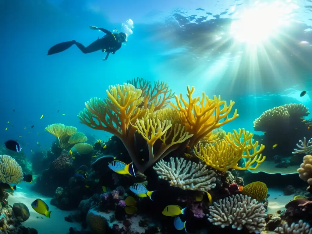 Imagen de un vibrante ecosistema marino, con peces coloridos, corales intrincados y plantas marinas, iluminado por la cálida luz del sol