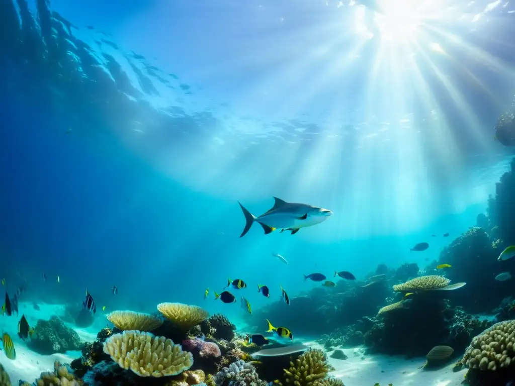 Imagen de un vibrante ecosistema marino con peces nadando entre corales, iluminado por rayos de sol