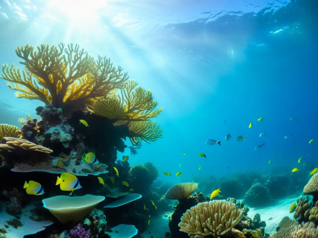 Imagen de un vibrante ecosistema marino en peligro, con corales, peces coloridos y plantas marinas, bajo la luz del sol