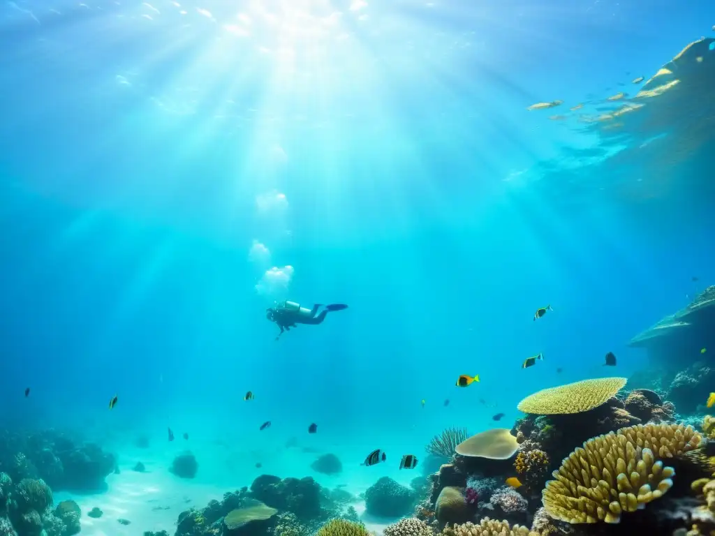 Imagen de un vibrante paisaje submarino con arrecife de coral y vida marina, mostrando la importancia del turismo azul sostenible oceánico