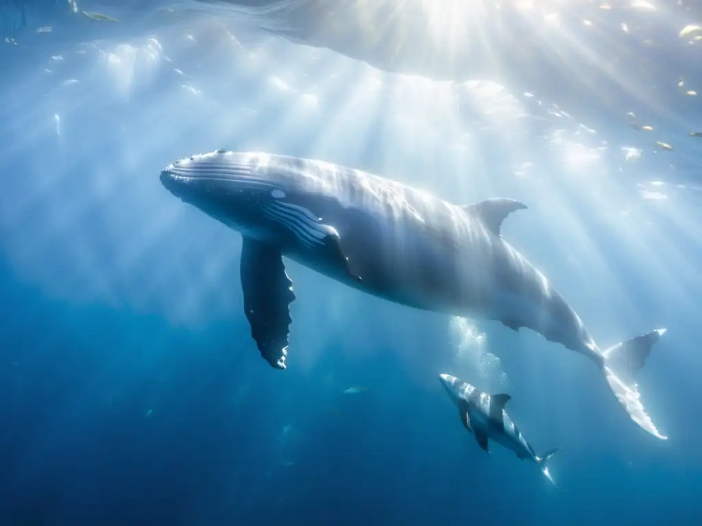 Imagen de vida marina: majestuosa ballena jorobada nada entre peces plateados en un océano soleado, evocando asombro y tranquilidad