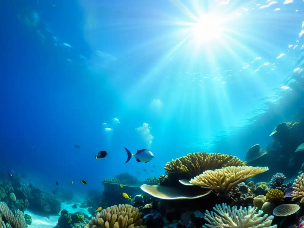 Imagen de vida marina en áreas protegidas biodiversidad marina: un arrecife de coral vibrante teñido de color, con animales marinos que lo cruzan