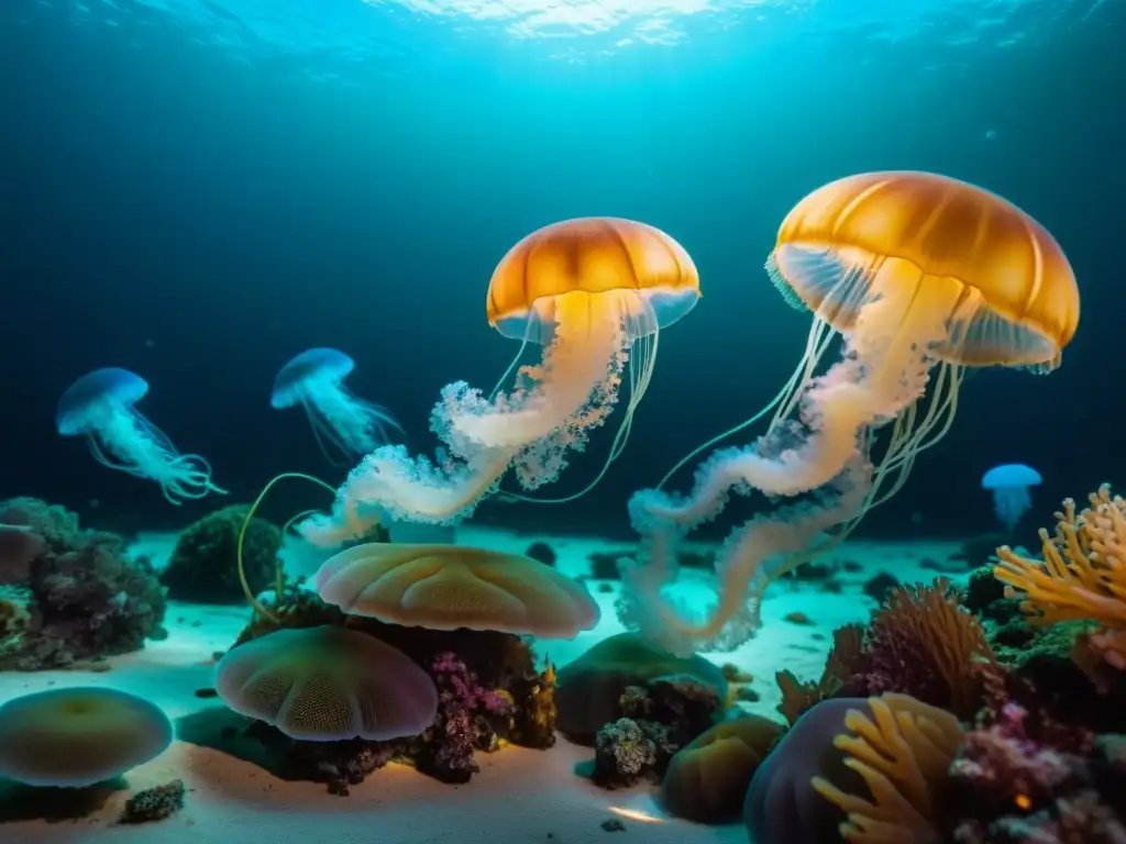 Imagen 8k de vida marina nocturna, con bioluminiscencia y buceo bioluminiscente