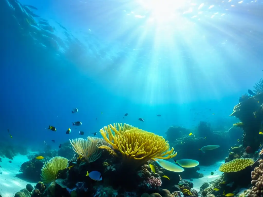 Imagen de vida marina vibrante en un arrecife de coral, con peces coloridos y plantas marinas, ideal para trajes de baño estampados