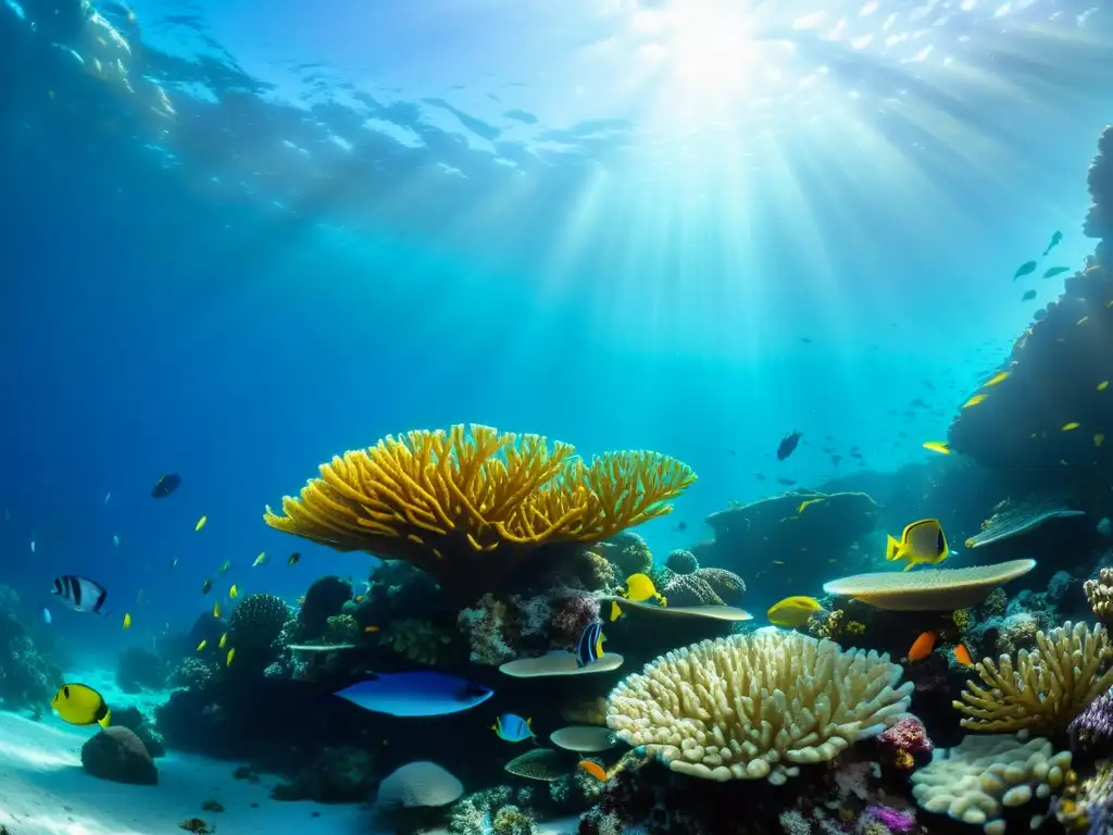 Impactante arrecife de coral lleno de vida marina, con rayos de sol creando un juego de luces y sombras en el lecho marino