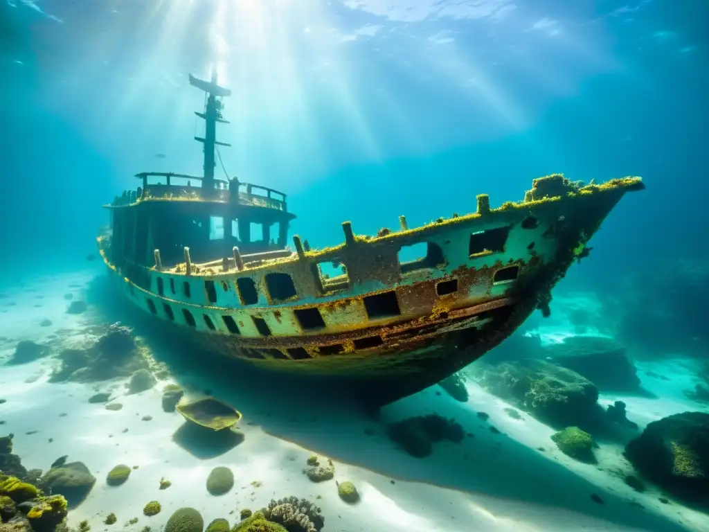 Una impactante foto subacuática de un antiguo naufragio rodeado de vida marina vibrante, iluminado por rayos de sol