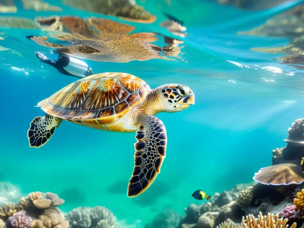 Una impactante imagen de una tortuga marina nadando en aguas cristalinas, rodeada de arrecifes de coral vibrantes y peces coloridos