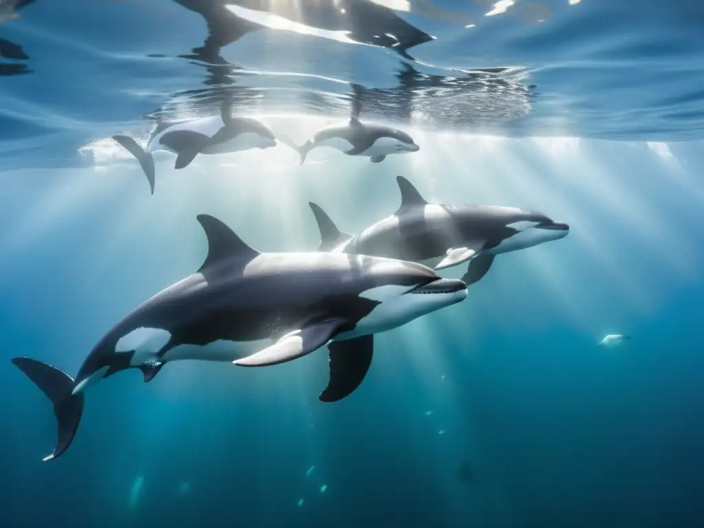 Una impactante imagen que captura la belleza y gracia salvaje de una manada de orcas nadando en aguas cristalinas