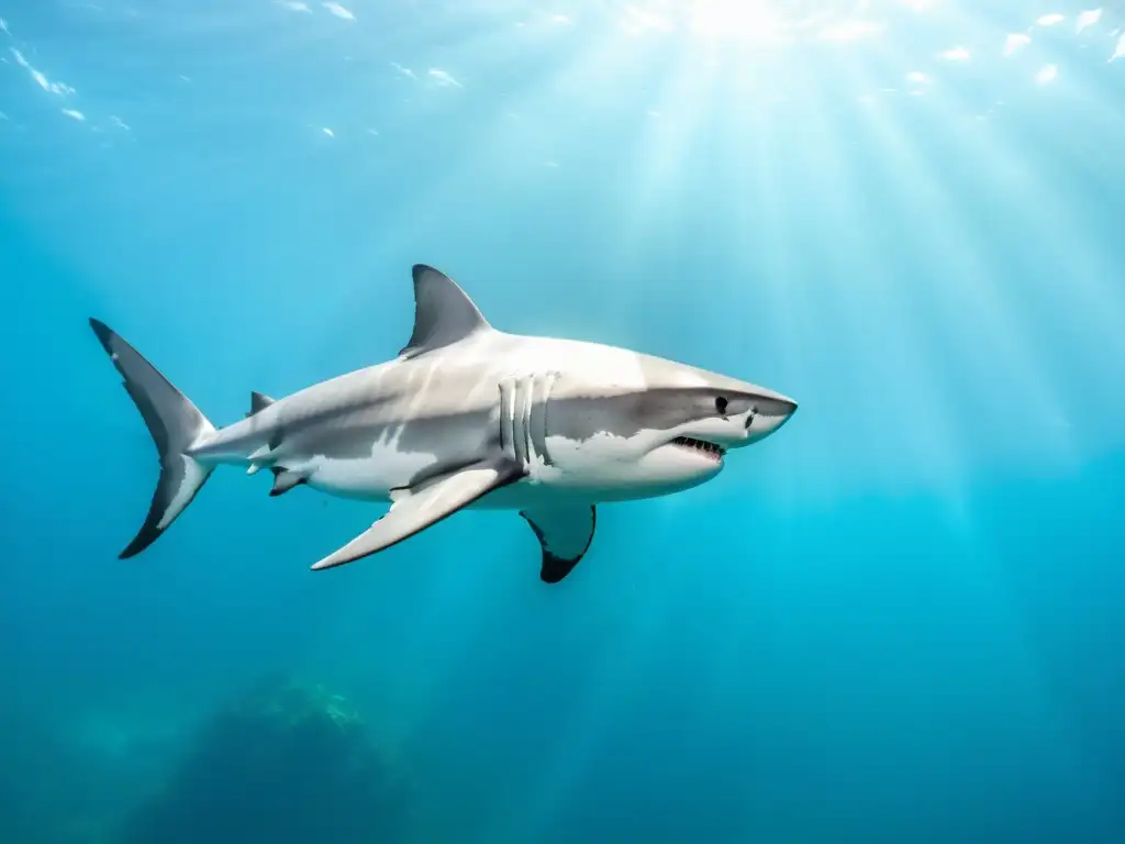 Una impactante imagen en 8k de un majestuoso tiburón blanco nadando en aguas turquesas