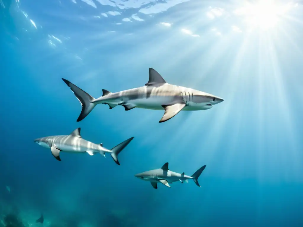 Impactante imagen submarina de la danza de tiburones en las corrientes marinas, destacando la importancia de su ecosistema