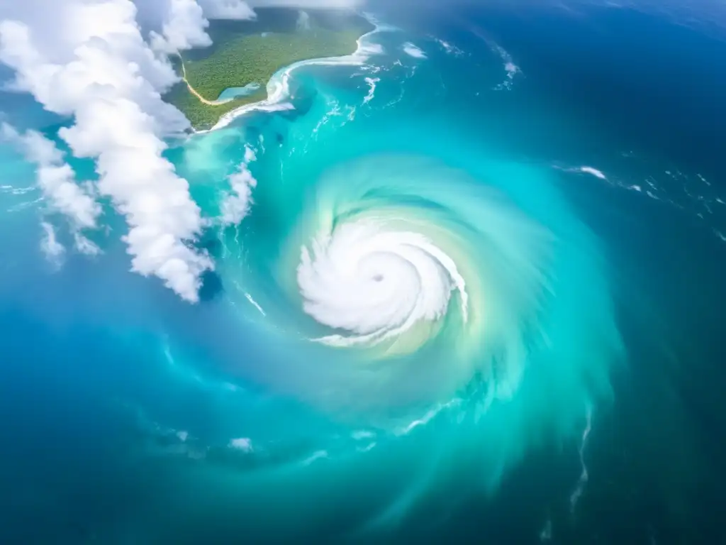 Impactante imagen submarina de un huracán sobre un arrecife de coral, reflejando el impacto del cambio climático en la intensificación de huracanes