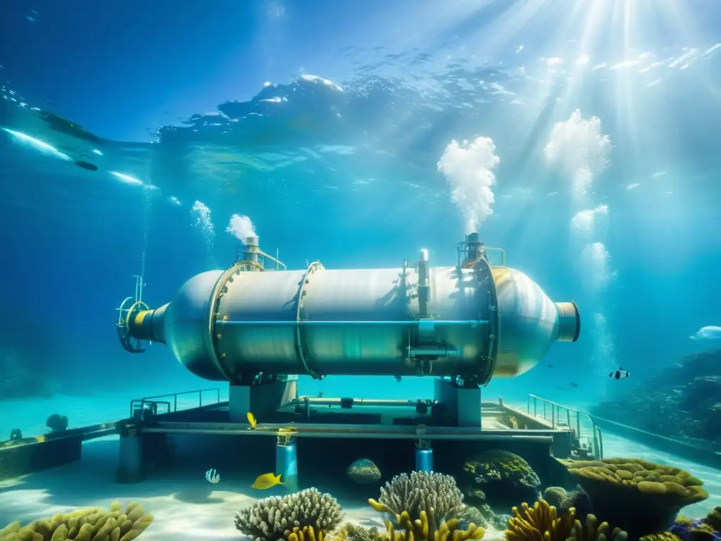 Una impactante imagen submarina muestra una planta de desalinización rodeada de vibrante vida marina, con agua azul clara y luz solar