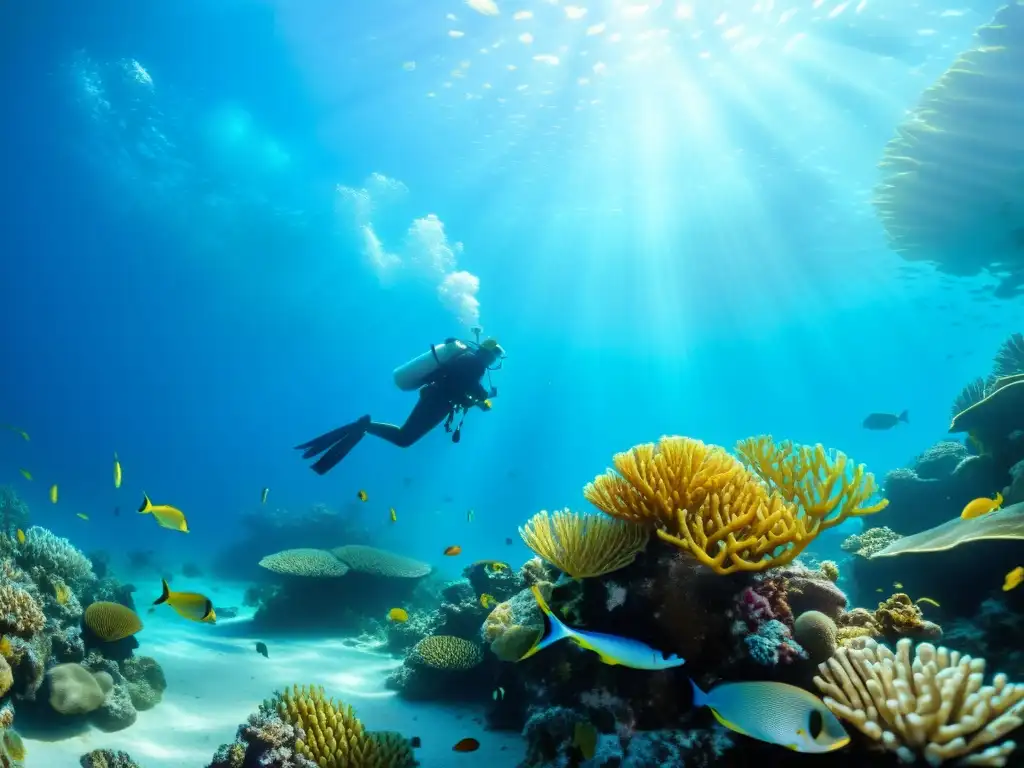 Una impactante imagen submarina muestra un vibrante arrecife de coral lleno de vida marina, peces coloridos, plantas marinas y formaciones de coral