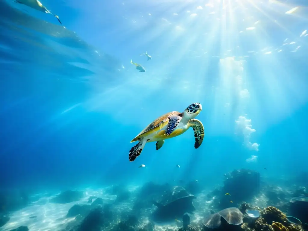 Un impactante océano lleno de islas basura oceánicas, con animales marinos luchando por sobrevivir