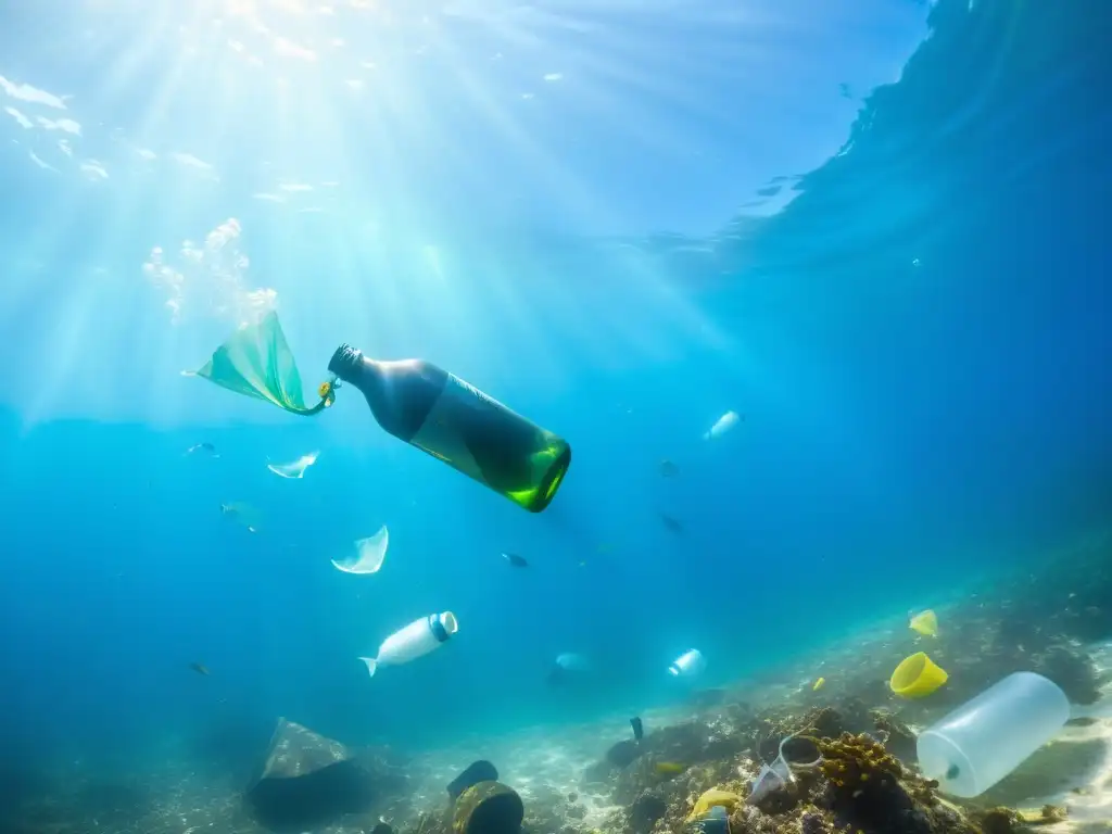 Un impactante remolino de desechos plásticos flota en aguas cristalinas, creando un fuerte contraste con la belleza natural del océano