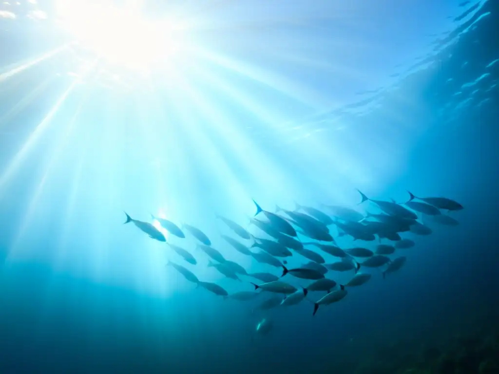 Una impactante fotografía submarina de un deslumbrante cardumen de peces pelágicos, con la luz del sol filtrándose a través del agua, creando un deslumbrante espectáculo de colores y patrones en los cuerpos de los peces