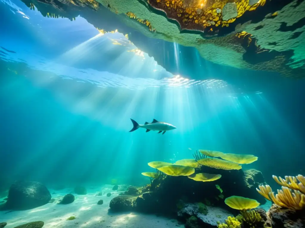 Una impactante fotografía submarina de un vibrante cenote, con aguas cristalinas rebosantes de vida marina