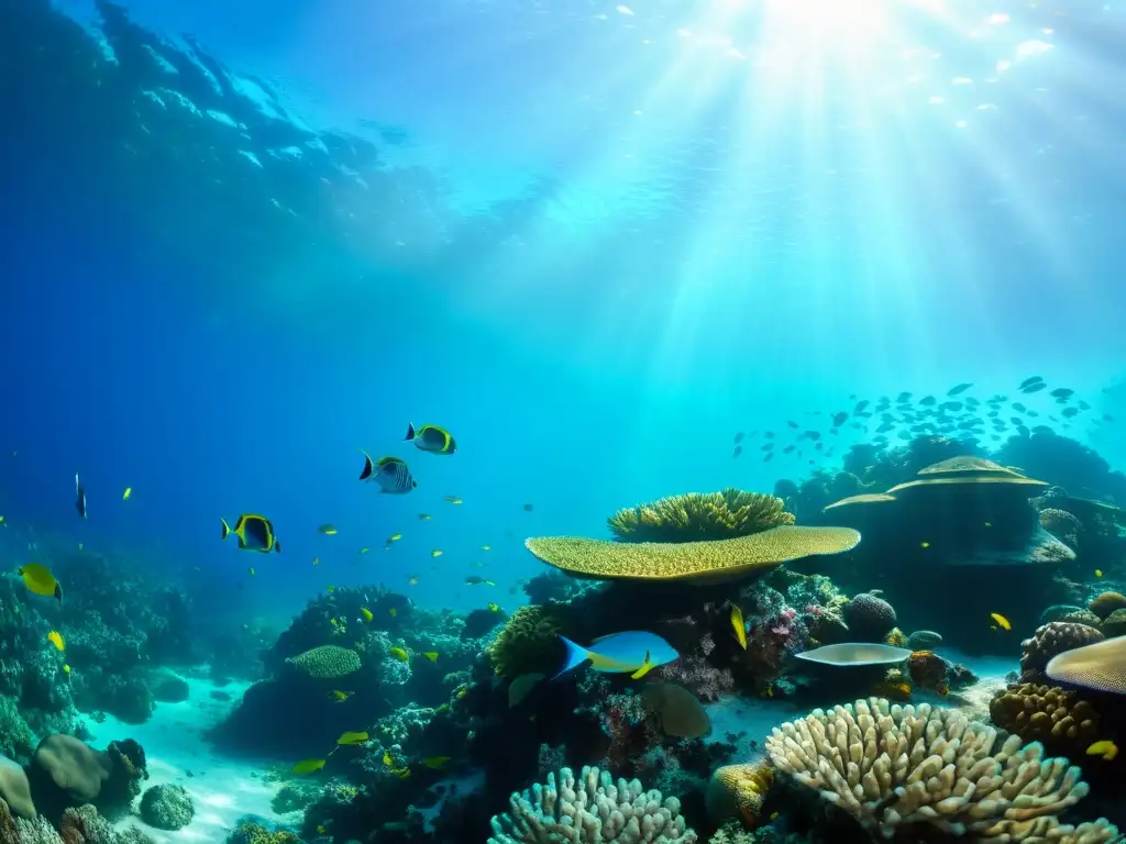 Una impactante fotografía submarina muestra un vibrante arrecife de coral con vida marina diversa