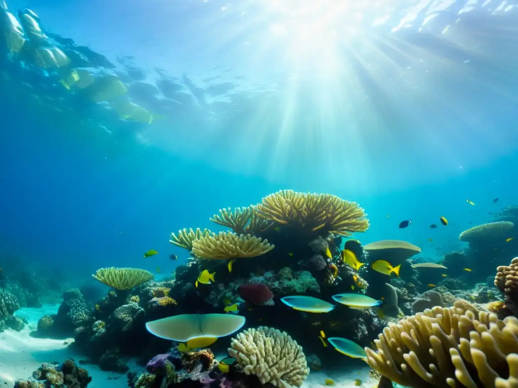 Una impactante fotografía subacuática oceánica muestra un vibrante arrecife de coral, con diversa vida marina y una atmósfera impresionante