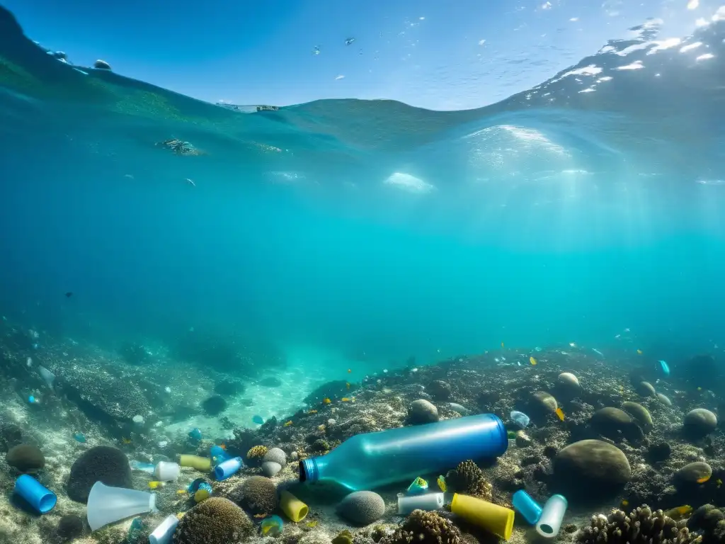 Impactante vista submarina con islas de basura oceánica, contrastando la belleza natural con la contaminación humana