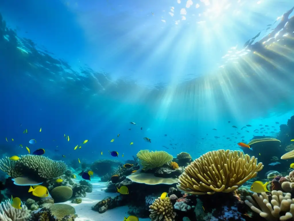 Impacto ambiental de la fotografía subacuática oceánica: Arrecife de coral vibrante, peces coloridos y agua cristalina