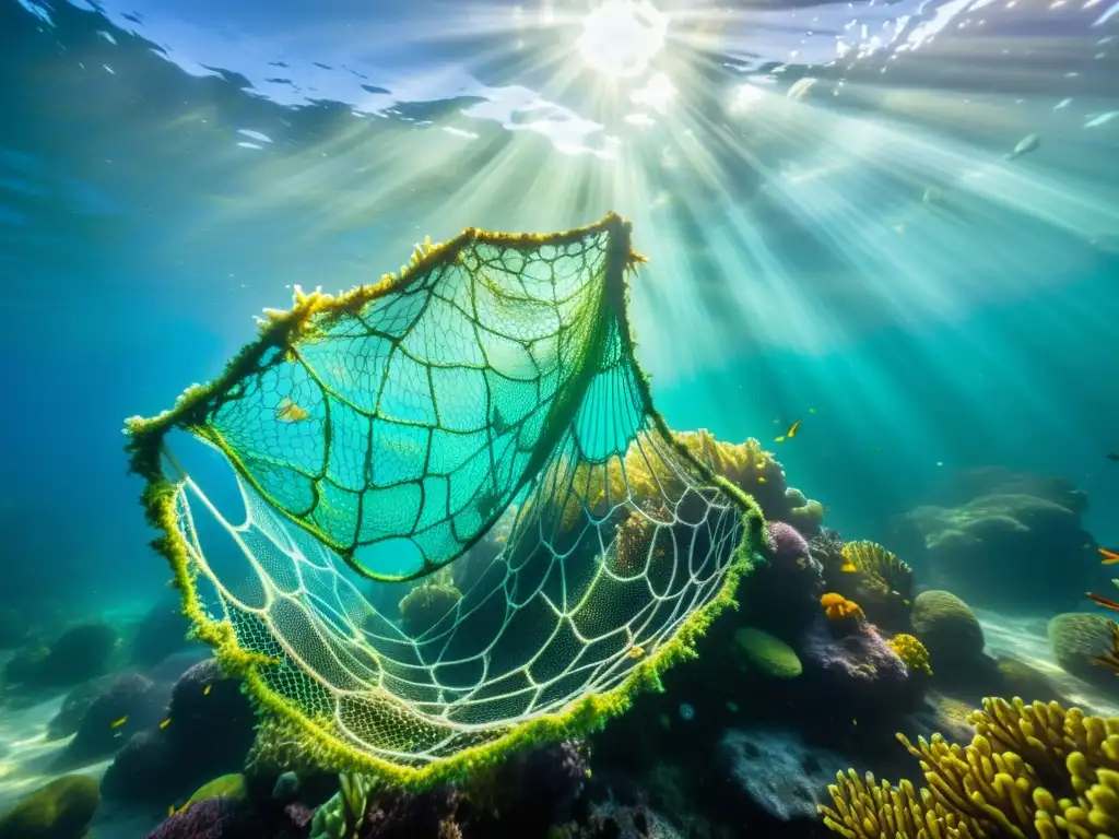 Impacto ambiental de la pesca fantasma: Fotografía submarina vibrante y detallada con redes de pesca fantasma entrelazadas con vida marina colorida