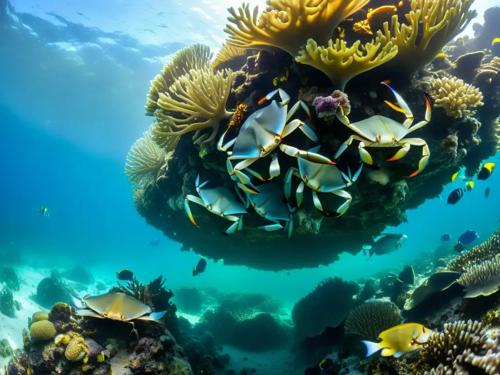 Impacto de cangrejos invasores en ecosistemas costeros: escena submarina con cangrejos invasores compitiendo en un arrecife de coral vibrante