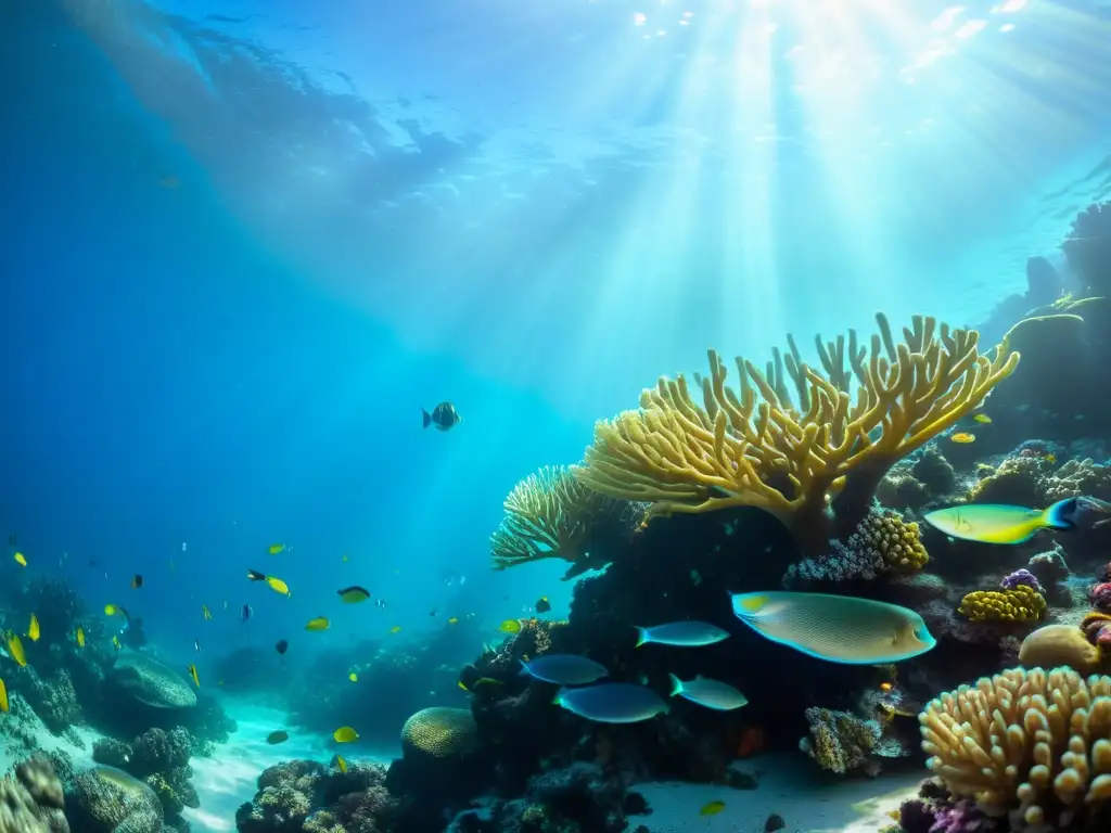 Impacto de los filtros solares en el arrecife de coral: una escena submarina vibrante, con corales coloridos y vida marina diversa bajo la luz del sol