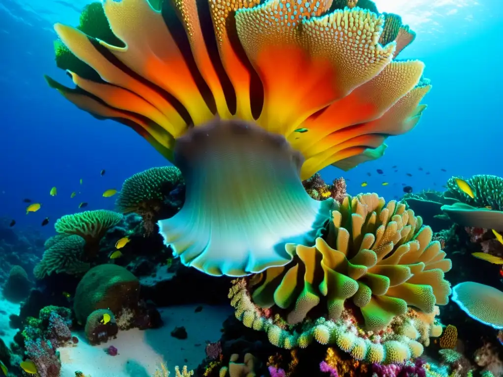 Belleza y vida en arrecife de coral: impacto de moluscos invasivos Impacto de los moluscos invasores en un vibrante arrecife de coral, donde su concha iridiscente destaca entre la vida marina nativa