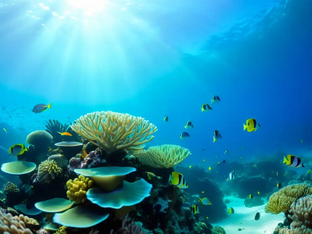 Impacto del Niño en la pesca marina: Colorido arrecife de coral repleto de vida marina, con peces tropicales y formaciones coralinas