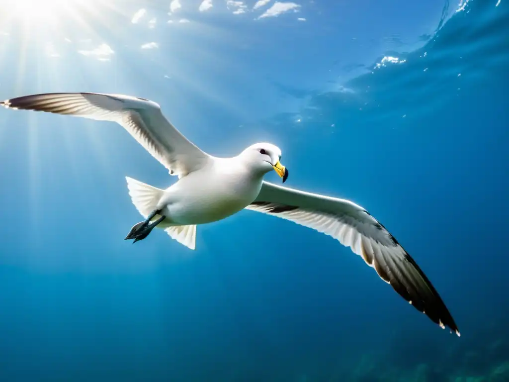 Impacto de la pesca indiscriminada en las aves marinas: Majestuoso albatros surcando las cristalinas profundidades marinas con elegancia y poder