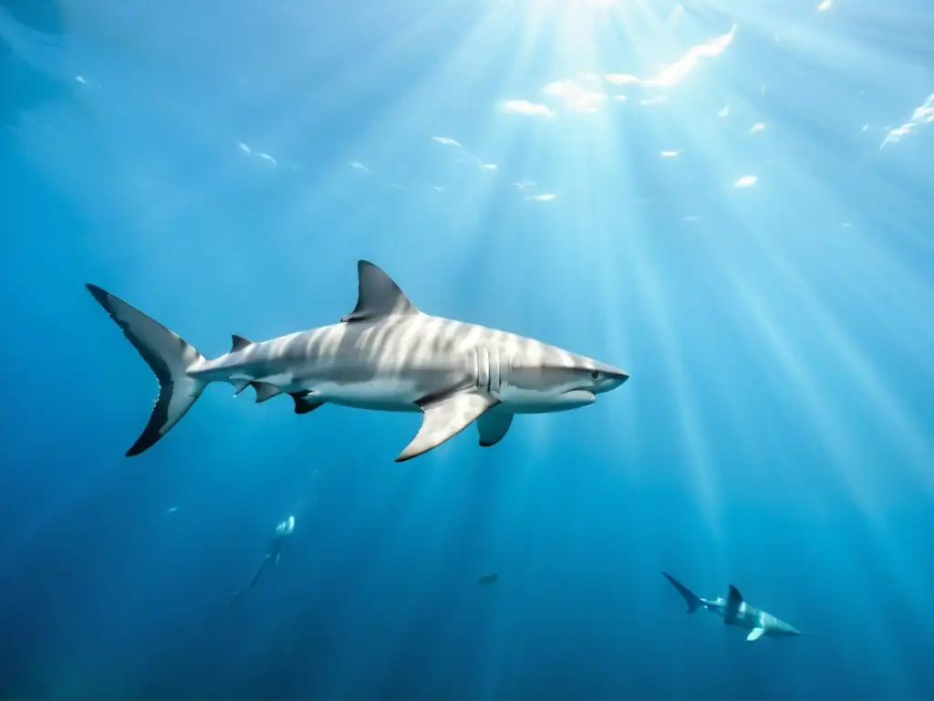 Impacto de la pesca indiscriminada de tiburones: Escena submarina con elegantes tiburones nadando en aguas cristalinas entre vida marina variada