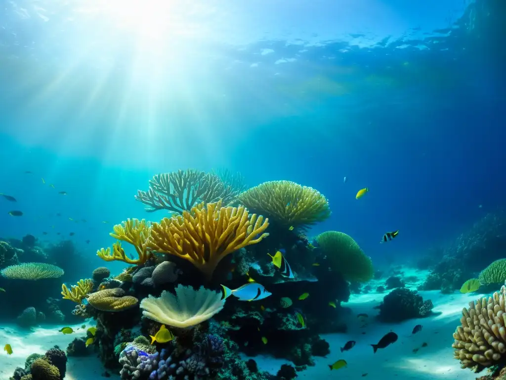 Impacto de la pesca insostenible en los corales: Una vibrante y diversa vida marina en un arrecife de coral, con juegos de luz y sombra bajo el agua